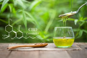 cannabinoids in marijuana CBD elements, Pouring hemp oil into gl